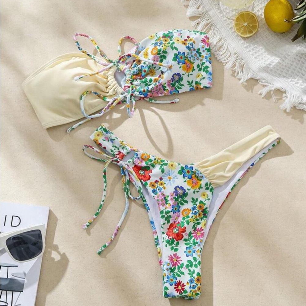Floral Bikini Set with Yellow Accents